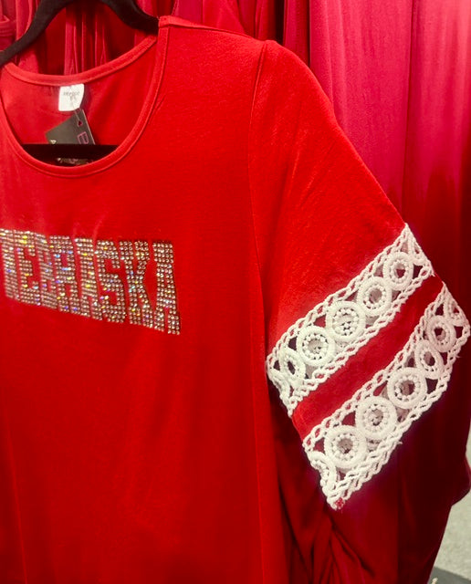 NEBRASKA BLING LACE SLEEVE TOP