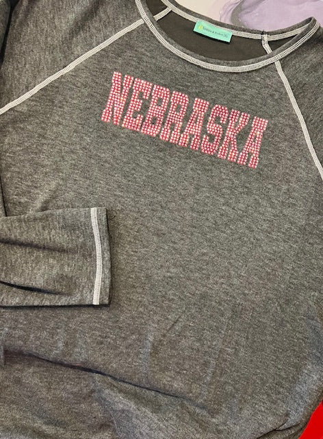 GREY GUN METAL LONG SLEEVE NEBRASKA BLING