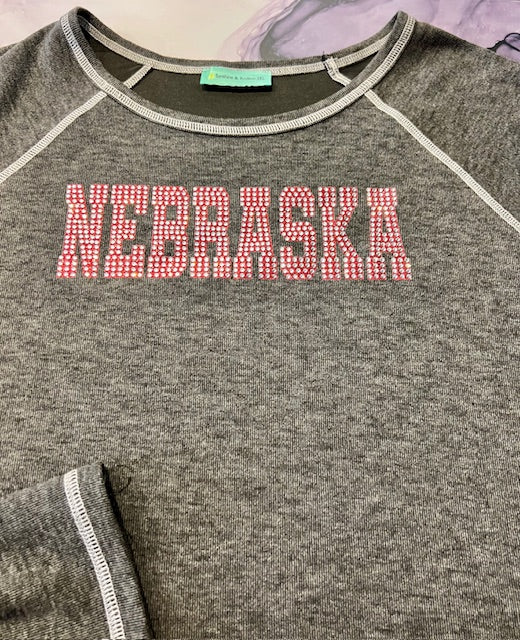 GREY GUN METAL LONG SLEEVE NEBRASKA BLING