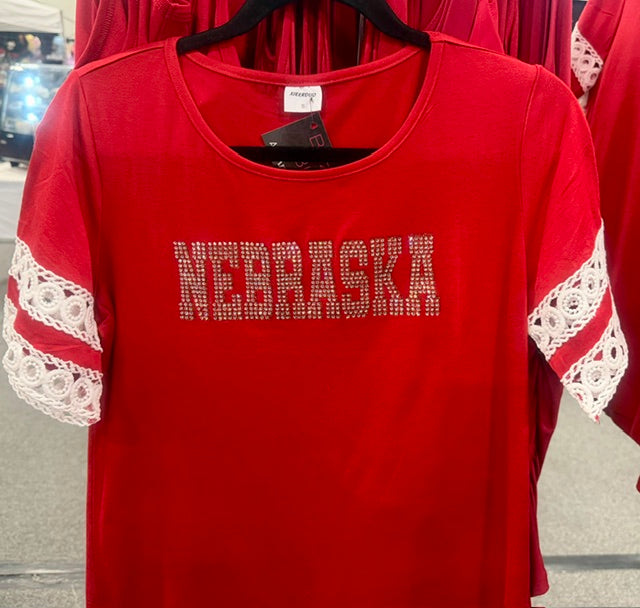 NEBRASKA BLING LACE SLEEVE TOP