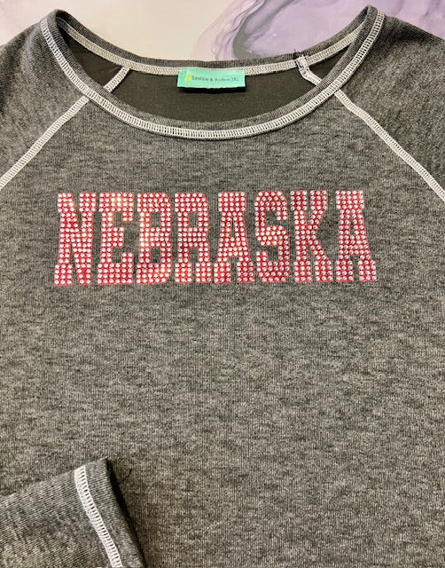 GREY GUN METAL LONG SLEEVE NEBRASKA BLING