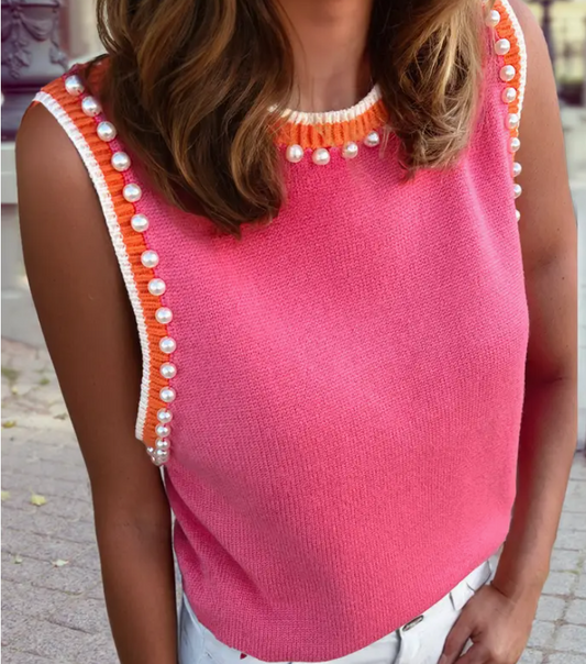 PEARL EMBELLISHED CONTRAST TRIM SLEEVELESS KNIT TOP