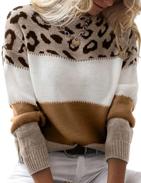 (PRE ORDER)LEOPARD PRINT COLOR BLOCK PULLOVER SWEATER